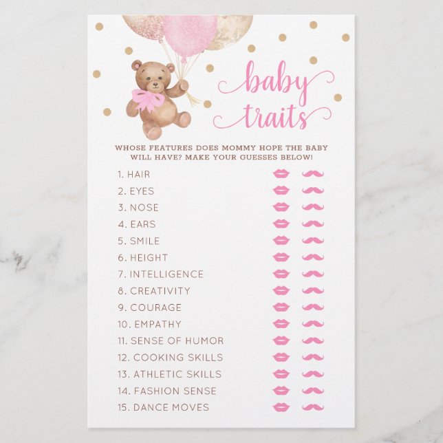 Papier Baby shower de jeu Teddy Bear Baby Traits (Devant)