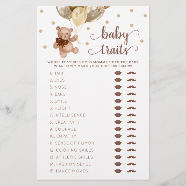 Papier Baby shower de jeu Teddy Bear Baby Traits (Devant)