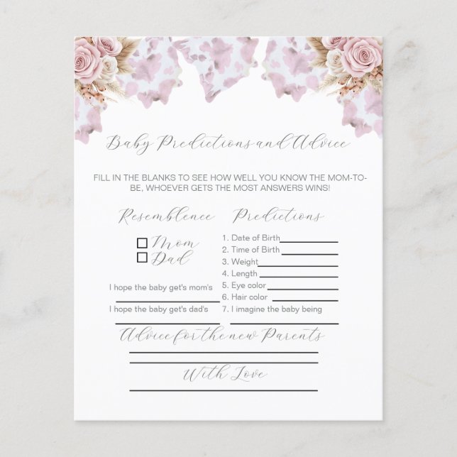 Papier Baby shower de la vache Conseils pour les nouveaux (Devant)