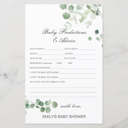 Papier Baby shower de prédiction et de conseils pour bébé (Devant)