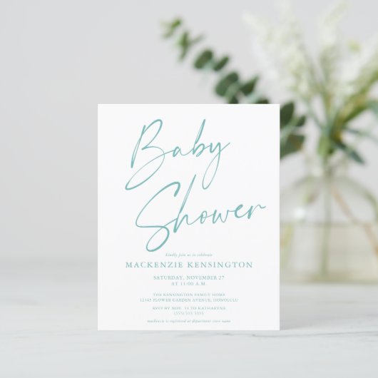 Papier Baby shower de script manuscrit bleu Turquoise Bud (Debout devant)