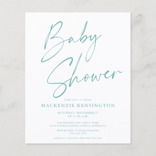 Papier Baby shower de script manuscrit bleu Turquoise Bud (Devant)