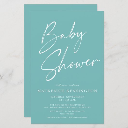 Papier Baby shower de script Turquoise bleu simple Budget (Devant / Derrière)