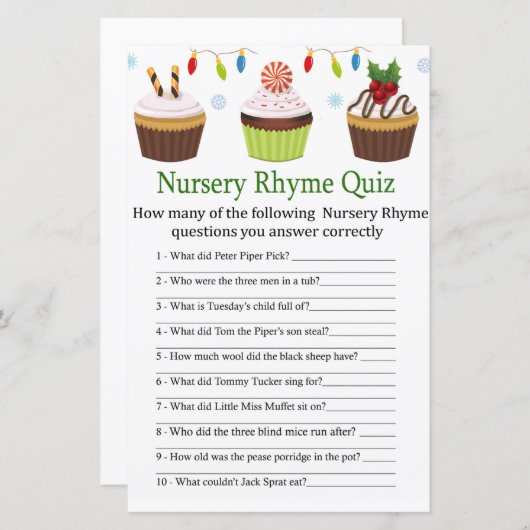 Papier baby shower de soirée cupcakes Nursery Rhyme Quiz (Devant / Derrière)