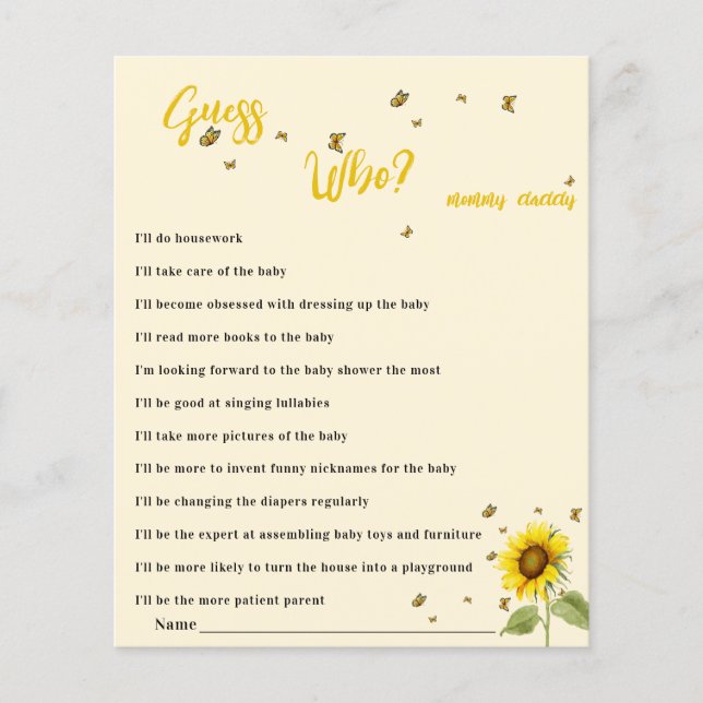 Papier Baby shower de tournesol et de papillon Devinez qu (Devant)