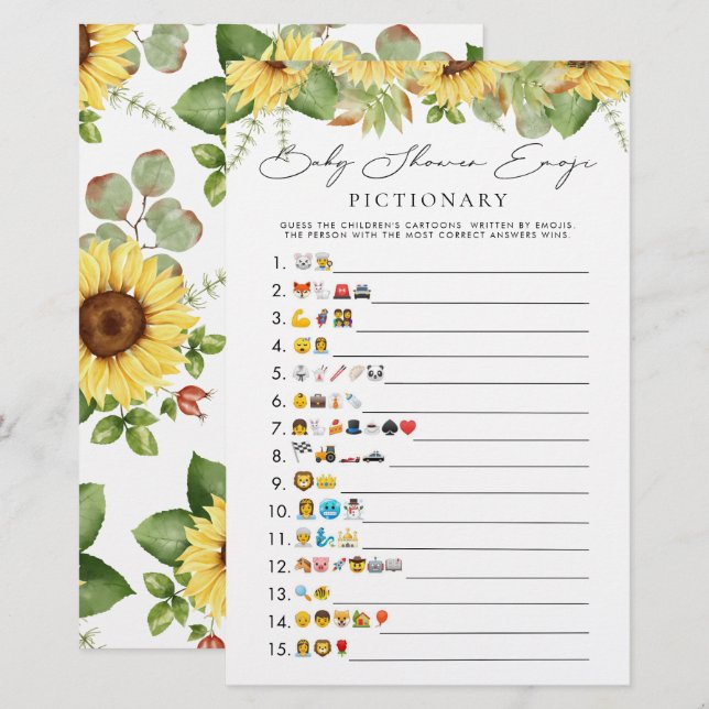 Papier Baby shower de tournesol vert Emoji Jeu (Devant / Derrière)