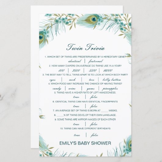 Papier Baby shower de Trivia Twin pour bébé modifiable av (Devant / Derrière)