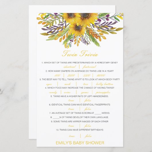 Papier Baby shower de Trivia Twin pour bébé modifiable av (Devant / Derrière)