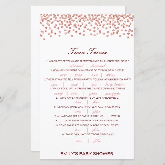 Papier Baby shower de Trivia Twin pour bébé modifiable av (Devant / Derrière)