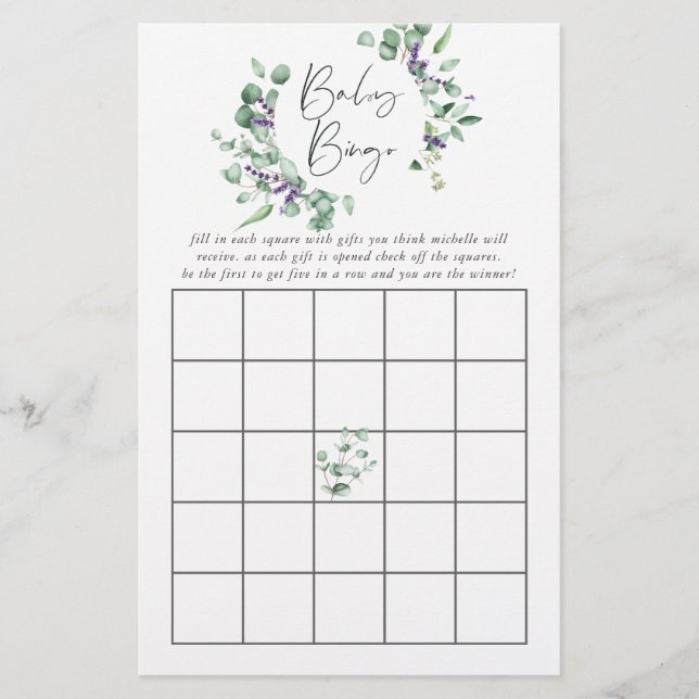 Papier Baby shower de verdure Eucalyptus Lavender Bingo (Devant)
