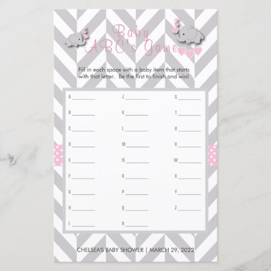 Papier Baby shower d'éléphant rose et gris - ABC's Game (Devant)