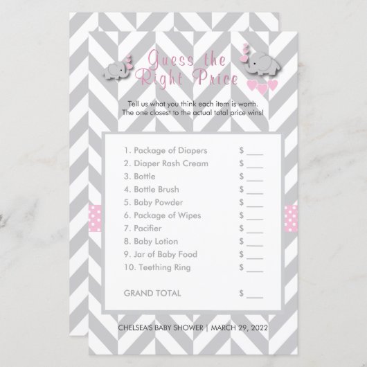 Papier Baby shower d'éléphant rose et gris - Devinez le p (Devant / Derrière)