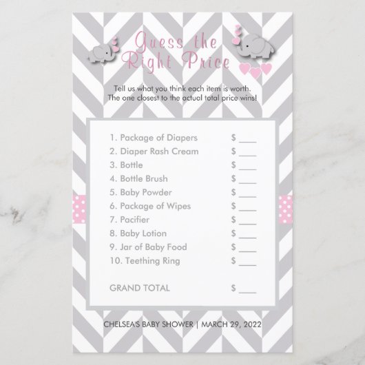 Papier Baby shower d'éléphant rose et gris - Devinez le p (Devant)