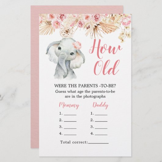 Papier Baby shower d'éléphants de Boho rose comme vieux p (Devant / Derrière)