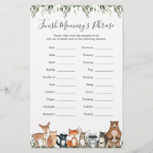 Papier Baby shower des animaux de bois terminer la phrase
