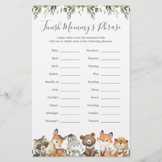 Papier Baby shower des animaux de bois terminer la phrase (Devant)