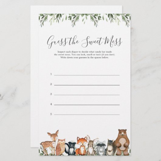 Papier Baby Shower des Animaux de la Forêt Devinez le Dou (Devant / Derrière)