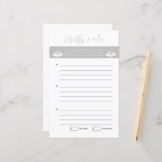 Papier Baby shower Deux vérités et un jeu de mensonge Elé (Devant/Arrière en situation)
