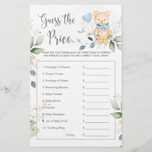 Papier Baby shower Devinez le prix jeu Teddy Bear Station (Devant)