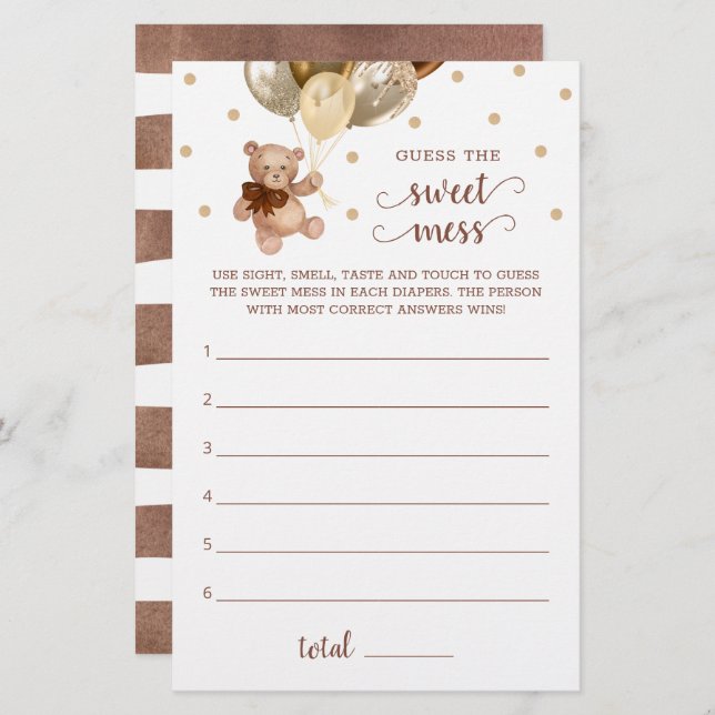 Papier Baby shower Devinez The Sweet Mess Jeu Teddy Bear (Devant / Derrière)