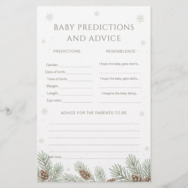 Papier Baby shower d'hiver Prédictions et conseils pour b (Devant)