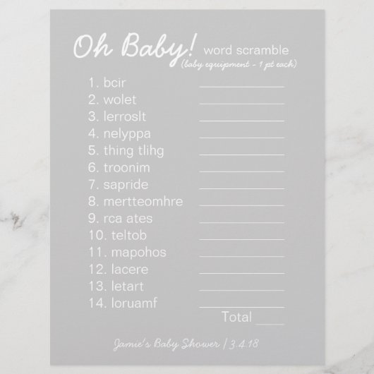 Papier Baby Shower DIY - Jeu de mots mêlés - gris (Devant)