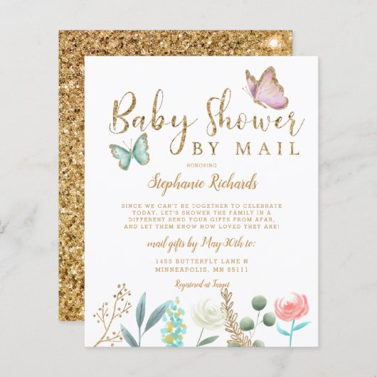Papier Baby shower d'or à papillon budgétaire par Invitat (Devant / Derrière)