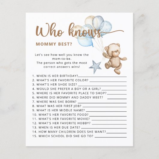 Papier Baby shower d'ours devinez combien de nounours (Devant)