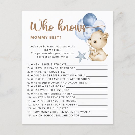 Papier Baby shower d'ours devinez combien de nounours (Devant)