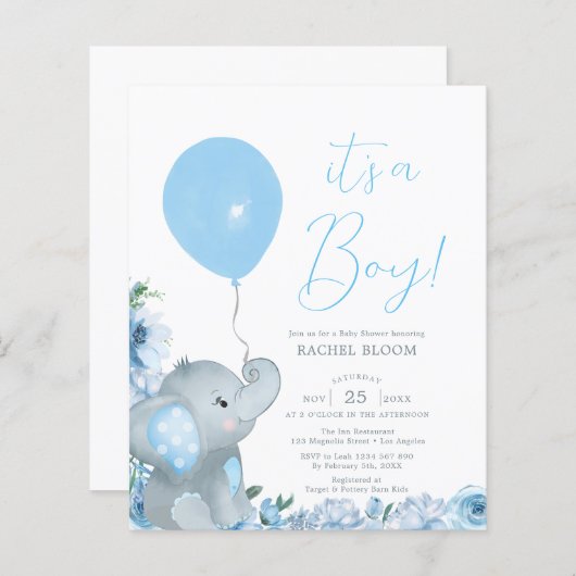 Papier Baby shower Elégant Blue Elephant Budget (Devant / Derrière)