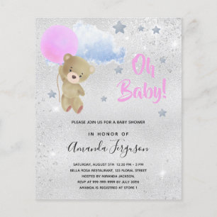 Papier Baby shower fille en peluche rose ours argent invi