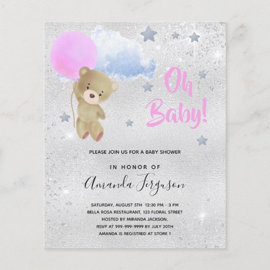 Papier Baby shower fille en peluche rose ours argent invi (Devant)