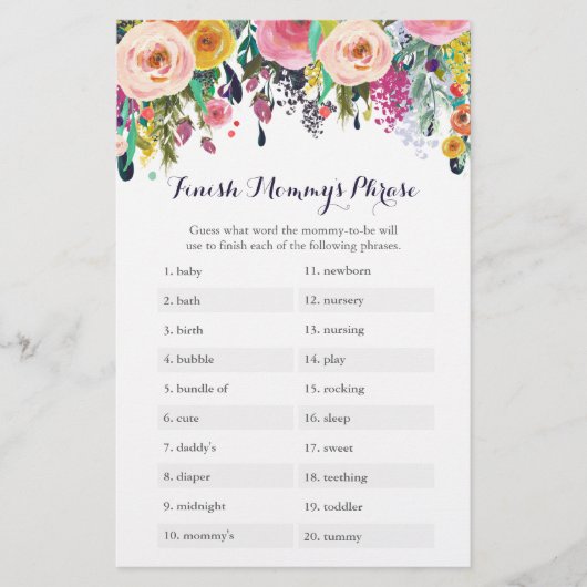 Papier Baby shower Fleur Finish Mommy's Phrase Game (Devant)