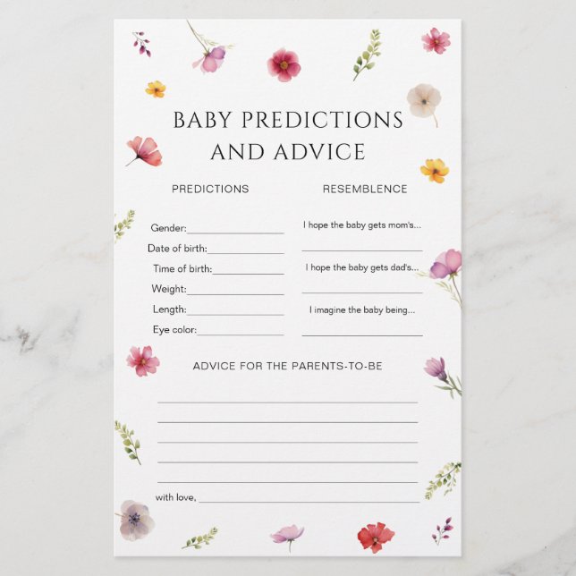 Papier Baby shower fleur sauvage Baby Predictions Jeu (Devant)