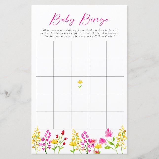 Papier Baby shower fleur sauvage Bingo Game Party Activit (Devant)
