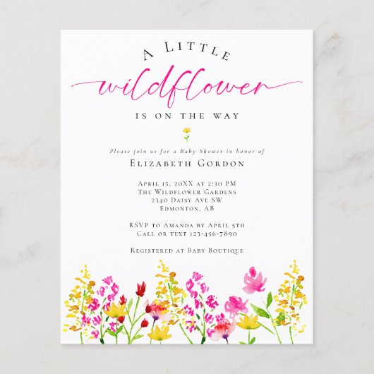 Papier Baby shower Fleur sauvage Budget Aquarelle Florale (Devant)