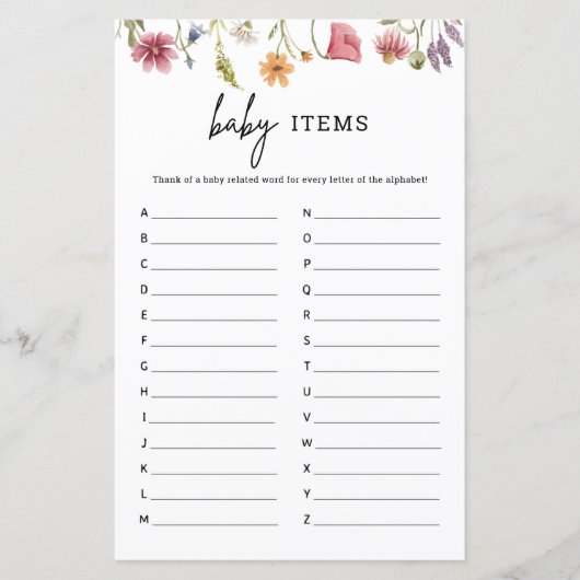 Papier Baby shower Fleur sauvage de printemps Baby Alphab (Devant)