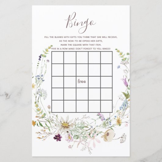 Papier Baby shower fleur sauvage Jeu de Bingo (Devant)