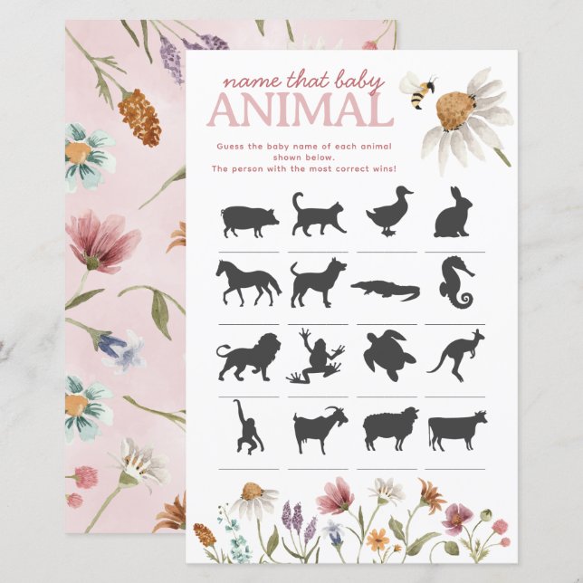 Papier Baby shower fleur sauvage Nom du jeu animal bébé (Devant / Derrière)
