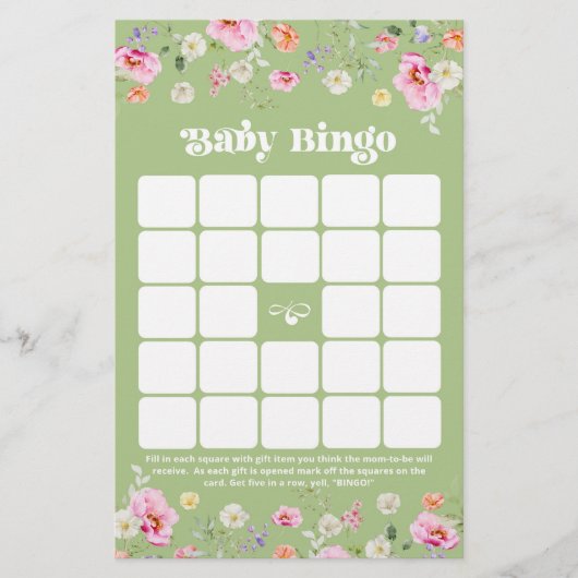 Papier Baby shower fleur sauvage vert Sage Jeu de Bingo (Devant)