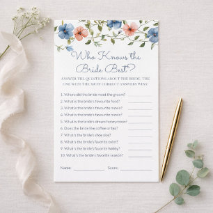 Papier Baby Shower Fleurs Bleues Qui Connaît la Mariée Je