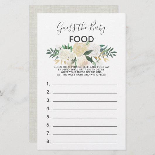 Papier Baby shower Fleurs Jeu - Devinez la nourriture pou (Devant / Derrière)