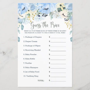 Papier Baby shower Floral bleu Jeu Devinez le prix