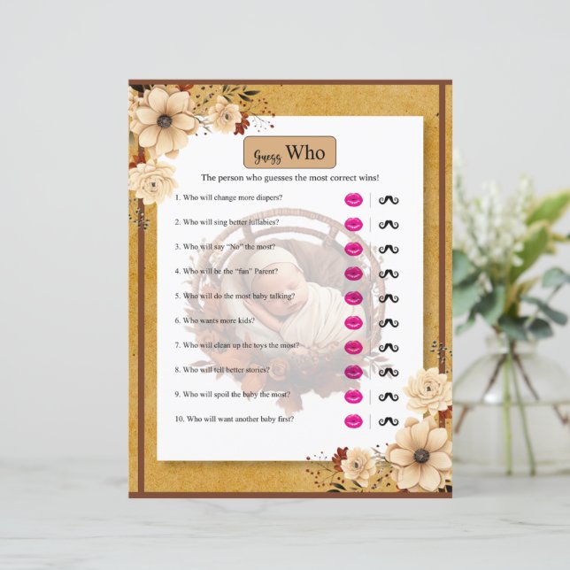 Papier Baby shower Floral Boho Rustique Devinez Qui Joue (Debout devant)
