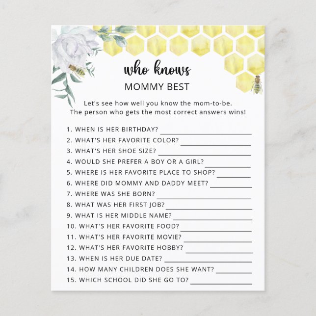 Papier Baby shower floral d'abeille, qui connaît maman mi (Devant)