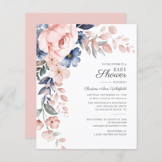 Papier Baby shower floral rose budget Invitation Script (Devant / Derrière)