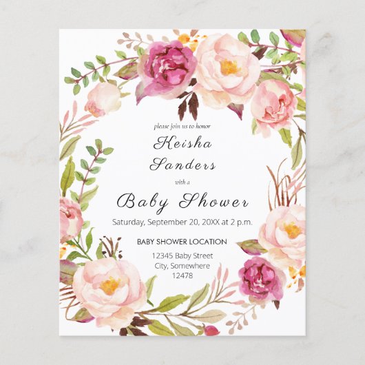 Papier Baby shower floral rose fleuri rose budget (Devant)