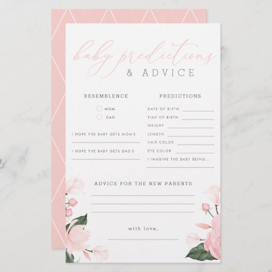 Papier Baby shower floral rose pâle Prédictions et consei (Devant / Derrière)