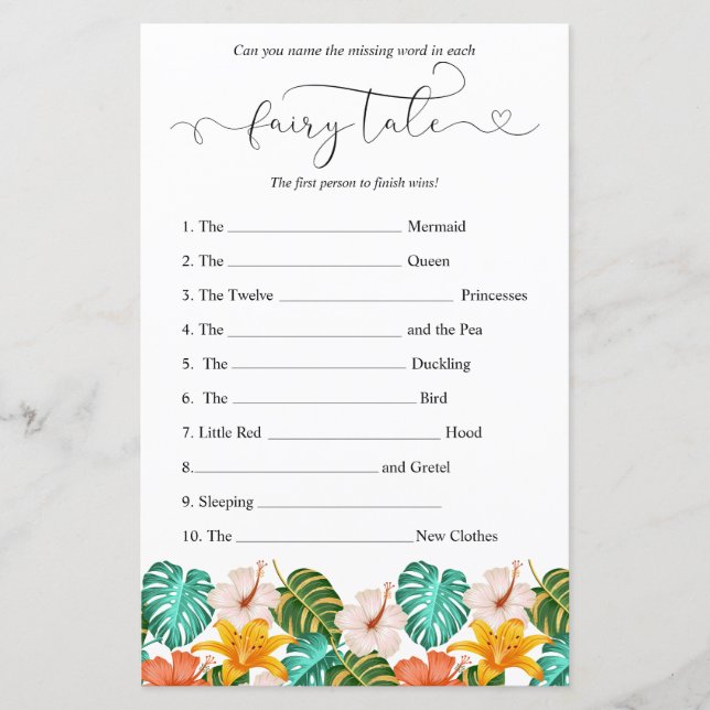 Papier Baby shower floral tropical jeu de devinette (Devant)