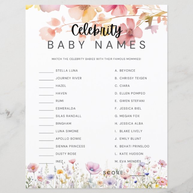Papier Baby shower Game Celebrity Baby Names Matching (Devant)